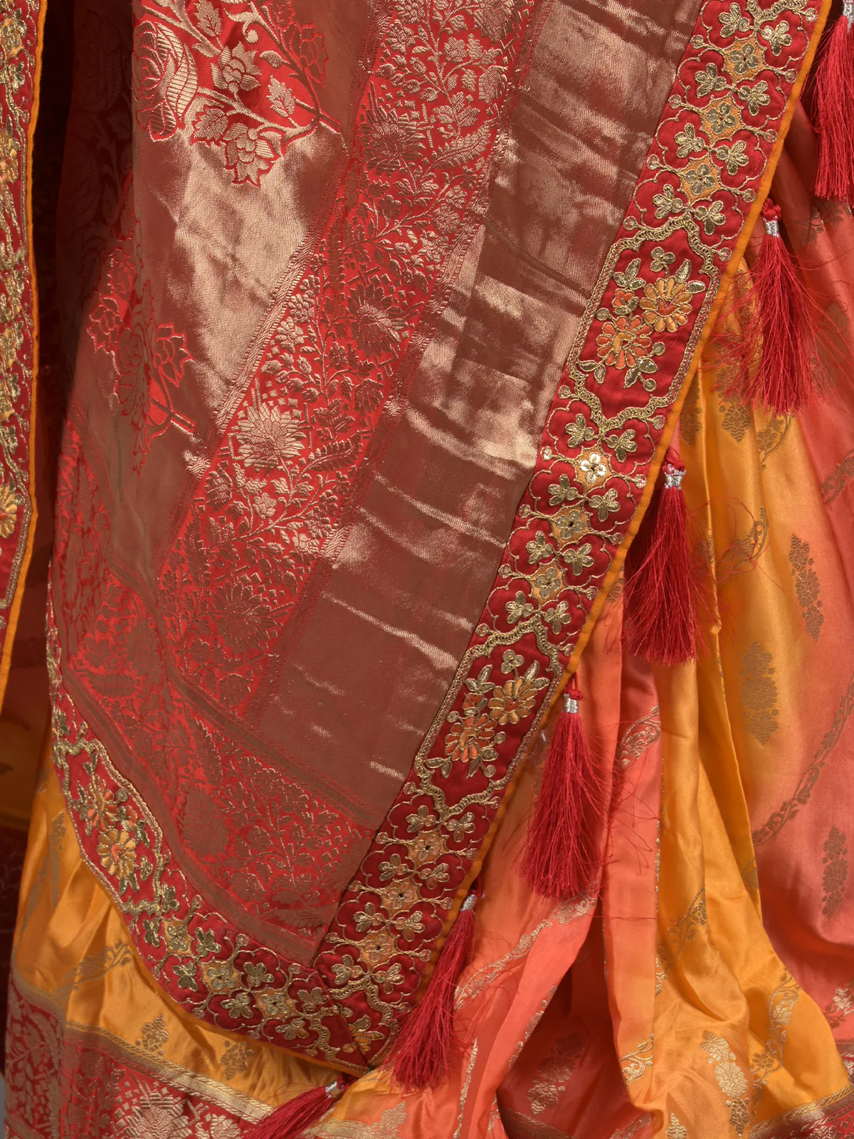 Odette Yellow and Red Embroidered Silk Blend Saree with Unstitched Blouse for Women - Image 5