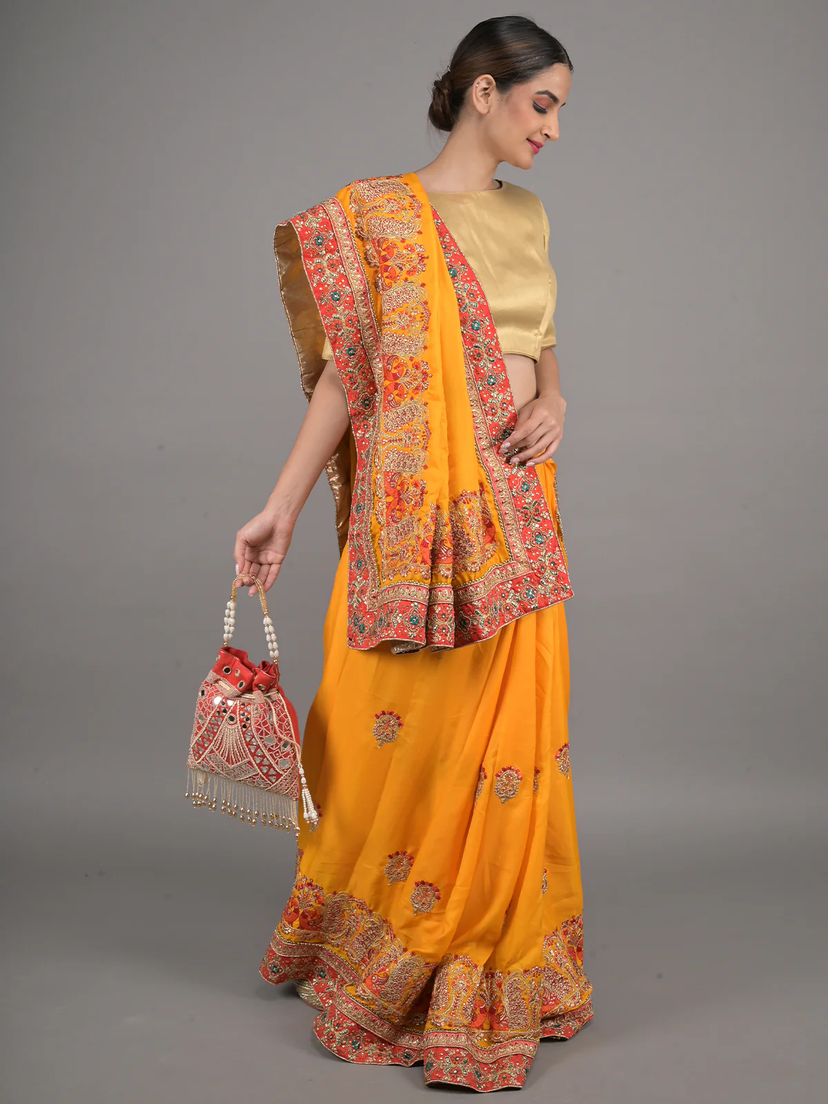 Odette Yellow and Red Peacock Embroidered Silk Blend Saree with Unstitched Blouse for Women - Image 2