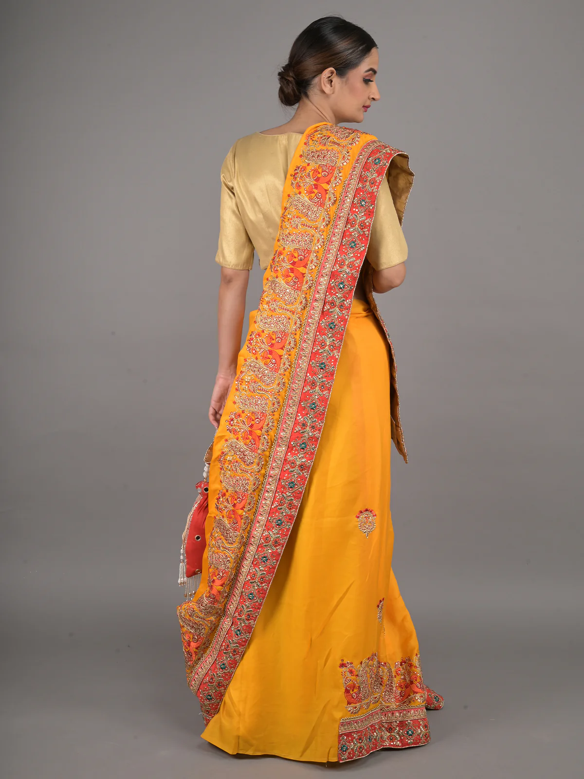 Odette Yellow and Red Peacock Embroidered Silk Blend Saree with Unstitched Blouse for Women - Image 3