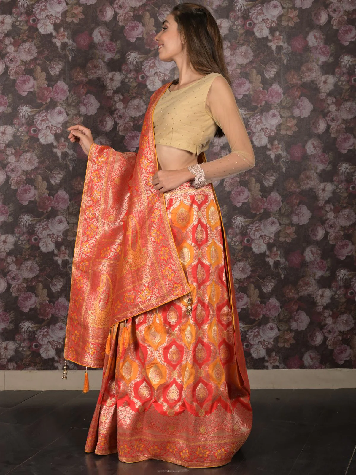Odette Yellow and Red Woven Banarasi Silk Saree with Unstitched Blouse for Women - Image 3
