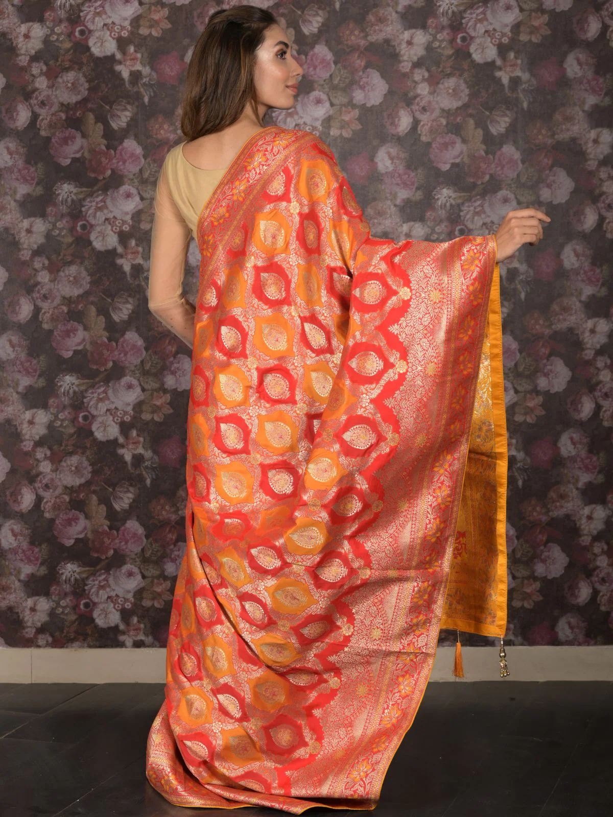 Odette Yellow and Red Woven Banarasi Silk Saree with Unstitched Blouse for Women - Image 4