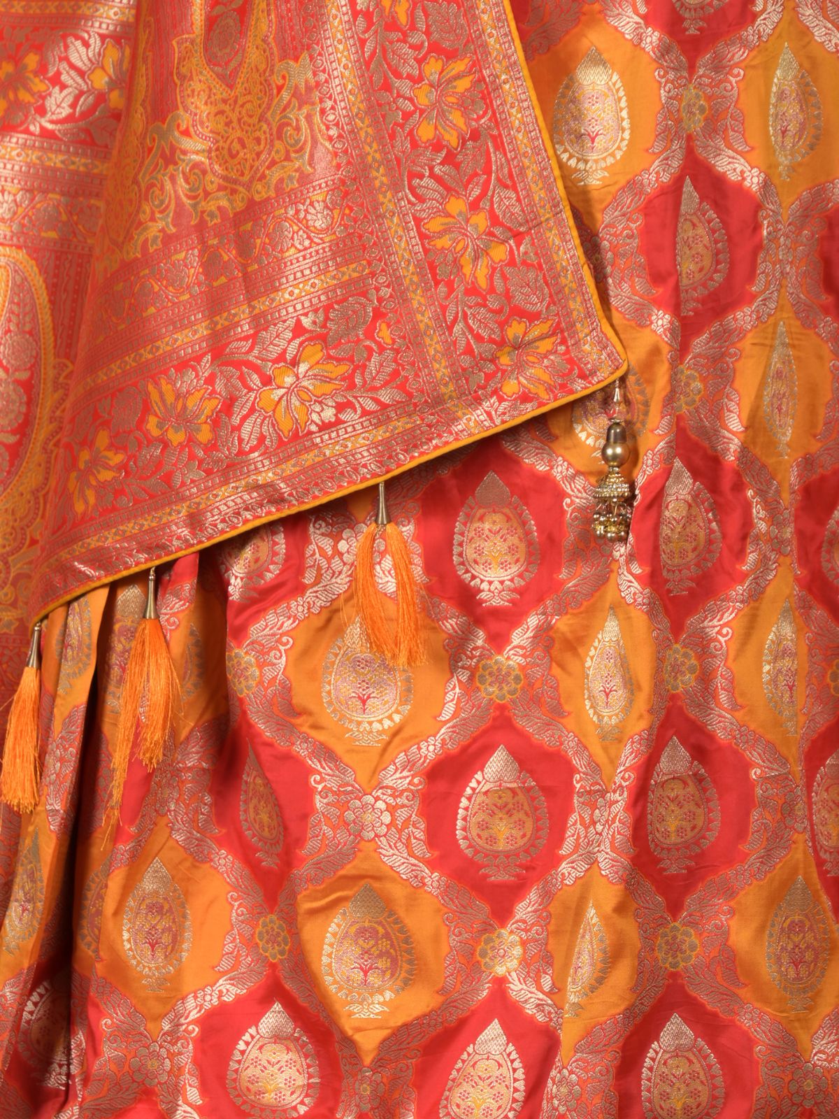 Odette Yellow and Red Woven Banarasi Silk Saree with Unstitched Blouse for Women - Image 5