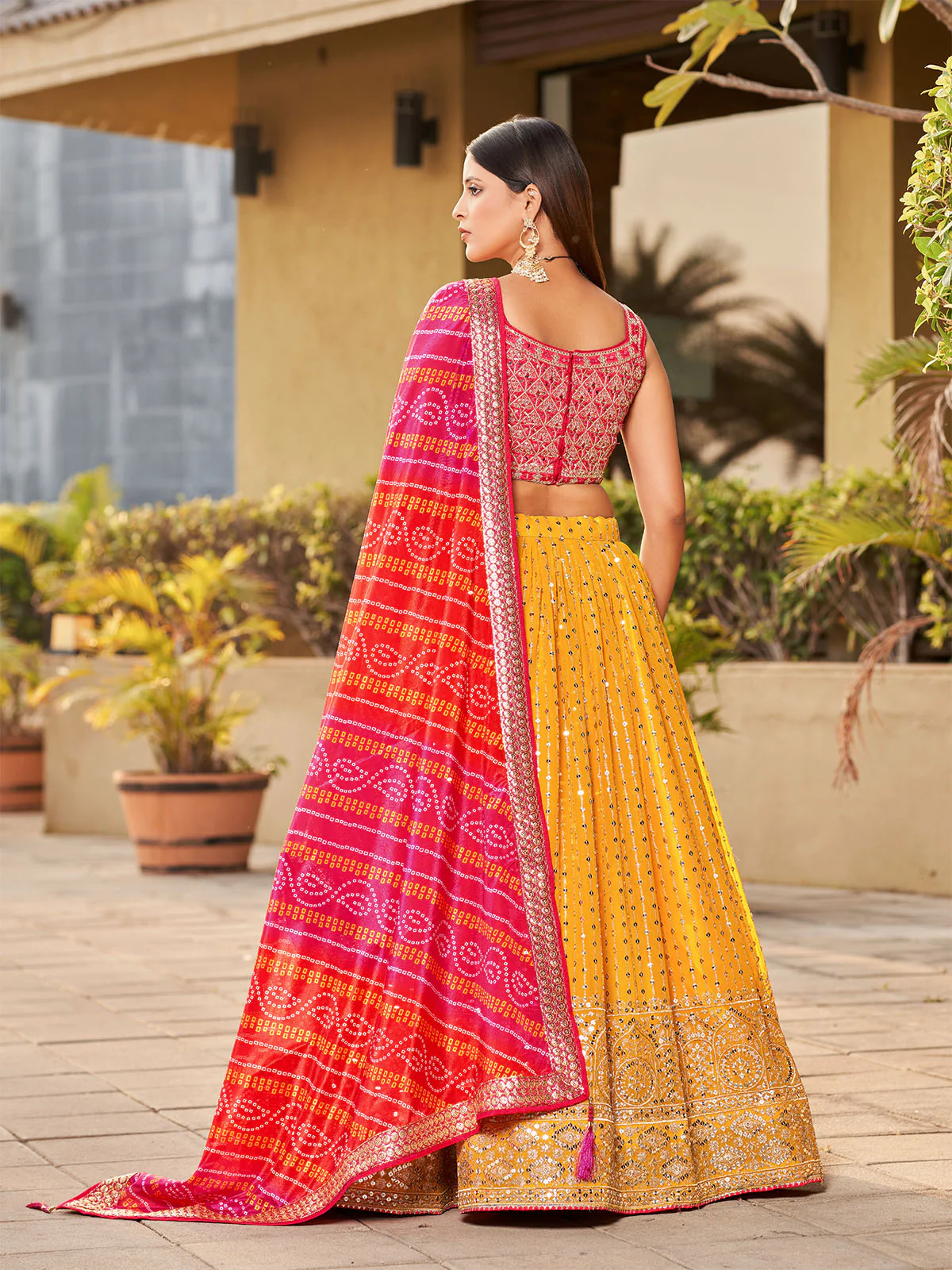 Odette Yellow Art Silk Embellished Semi Stitched Lehenga With Unstitched Blouse For Women - Image 3