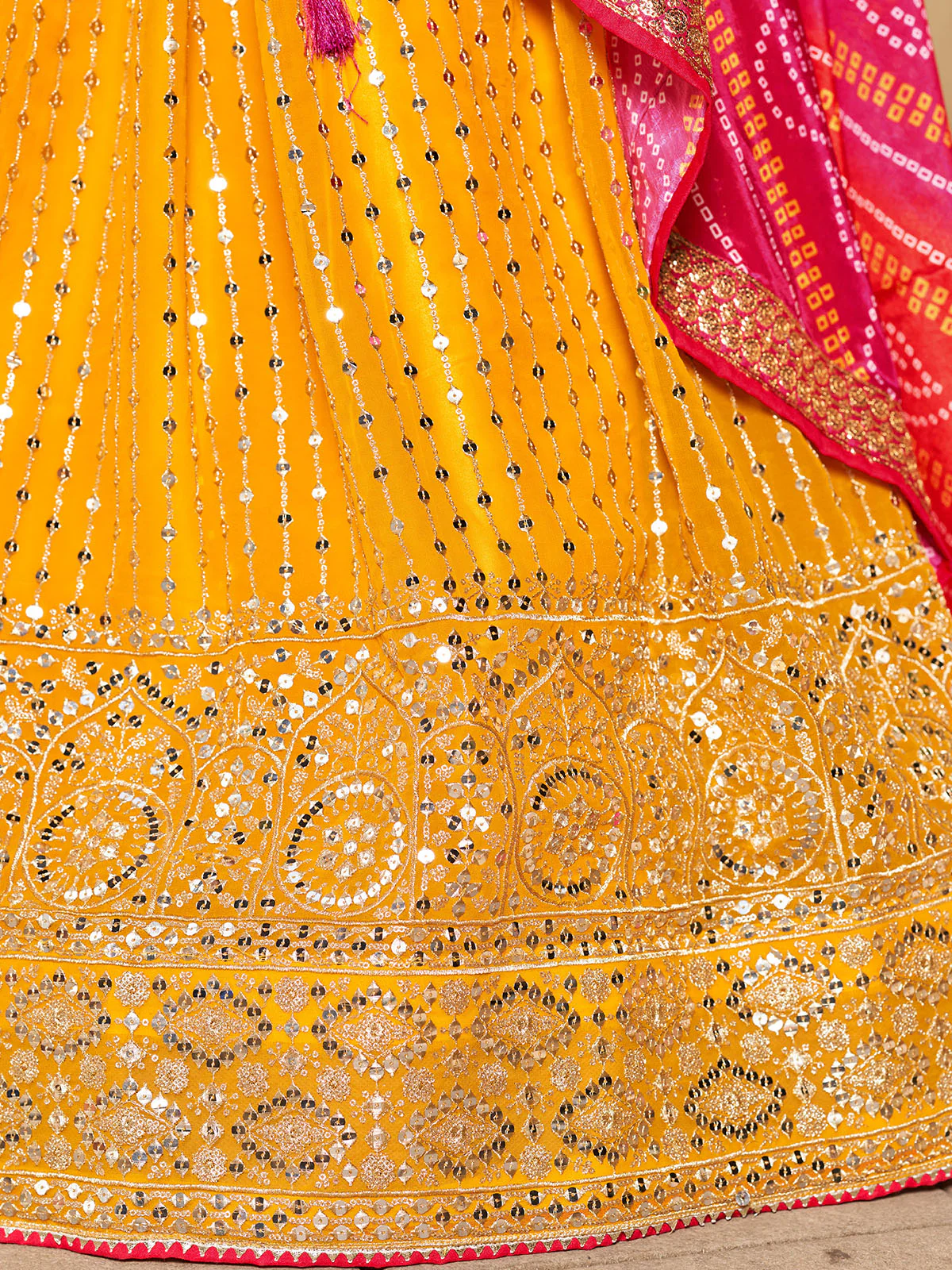 Odette Yellow Art Silk Embellished Semi Stitched Lehenga With Unstitched Blouse For Women - Image 5