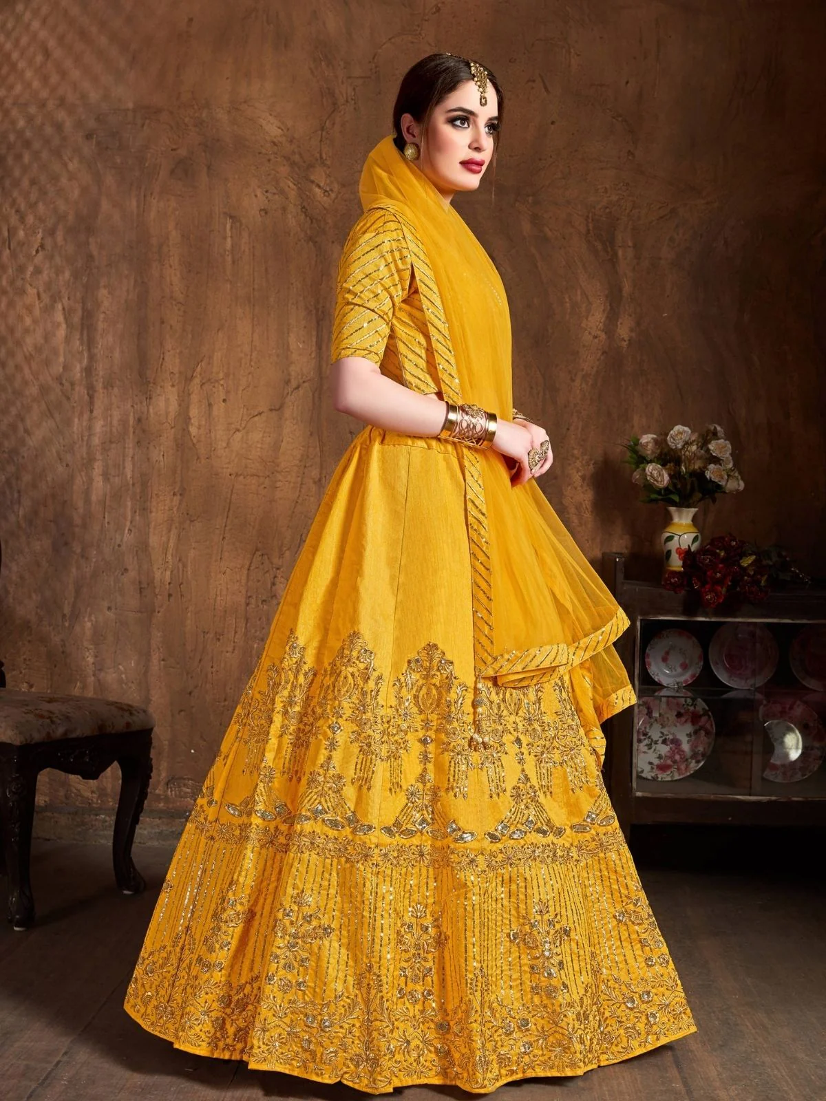 Odette Yellow Art Silk Embroidered Semi Stitched Lehenga With Blouse For Women - Image 2