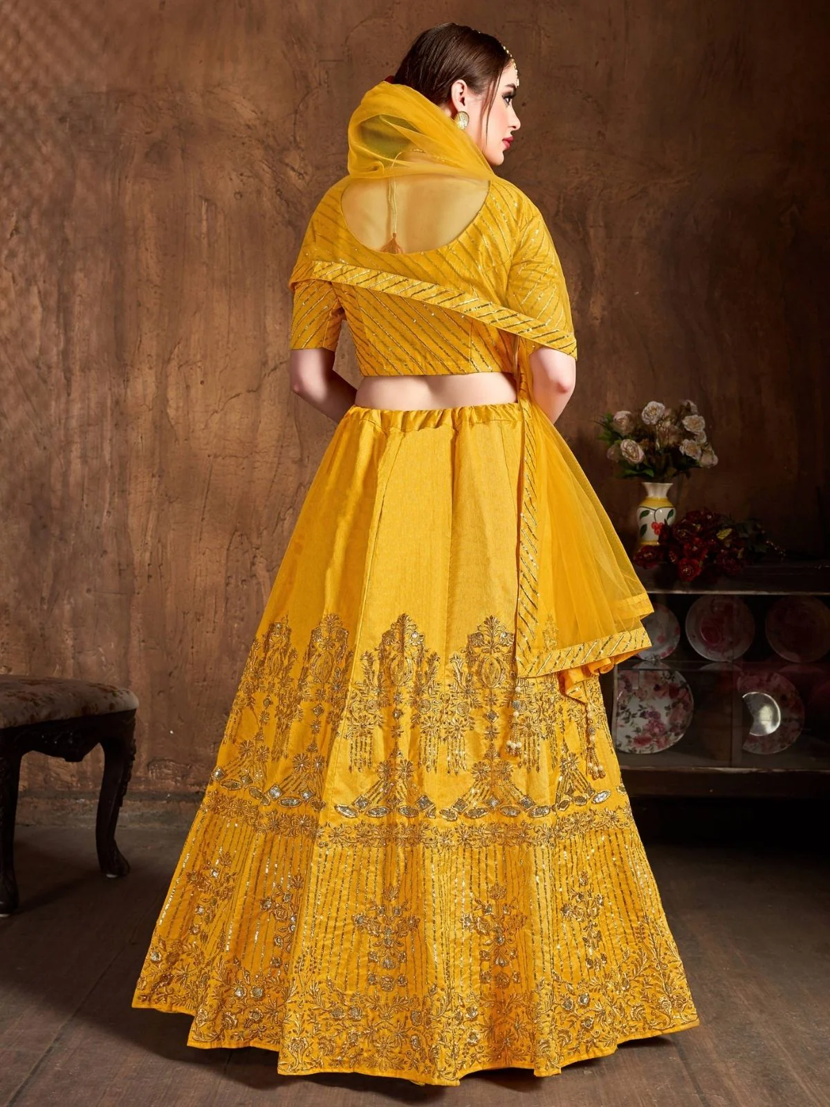 Odette Yellow Art Silk Embroidered Semi Stitched Lehenga With Blouse For Women - Image 4