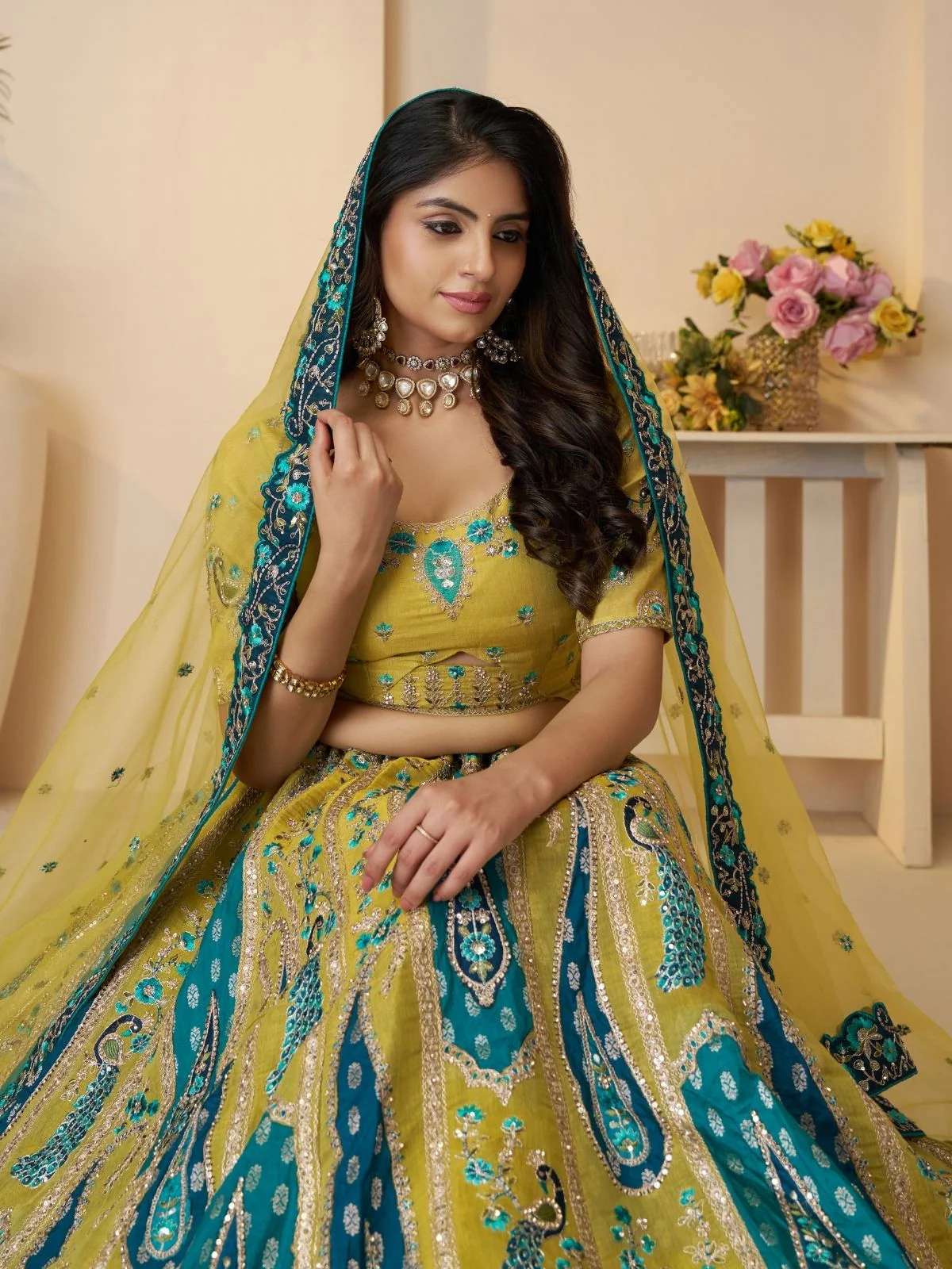 Odette Yellow Banarasi Silk Embroidered Semi-Stitched Lehenga For Women - Image 3