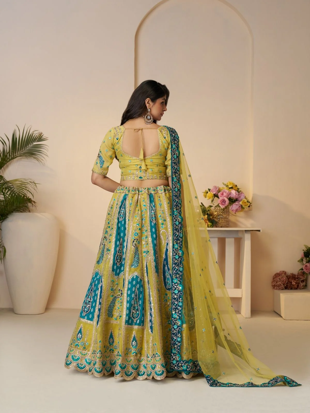 Odette Yellow Banarasi Silk Embroidered Semi-Stitched Lehenga For Women - Image 4