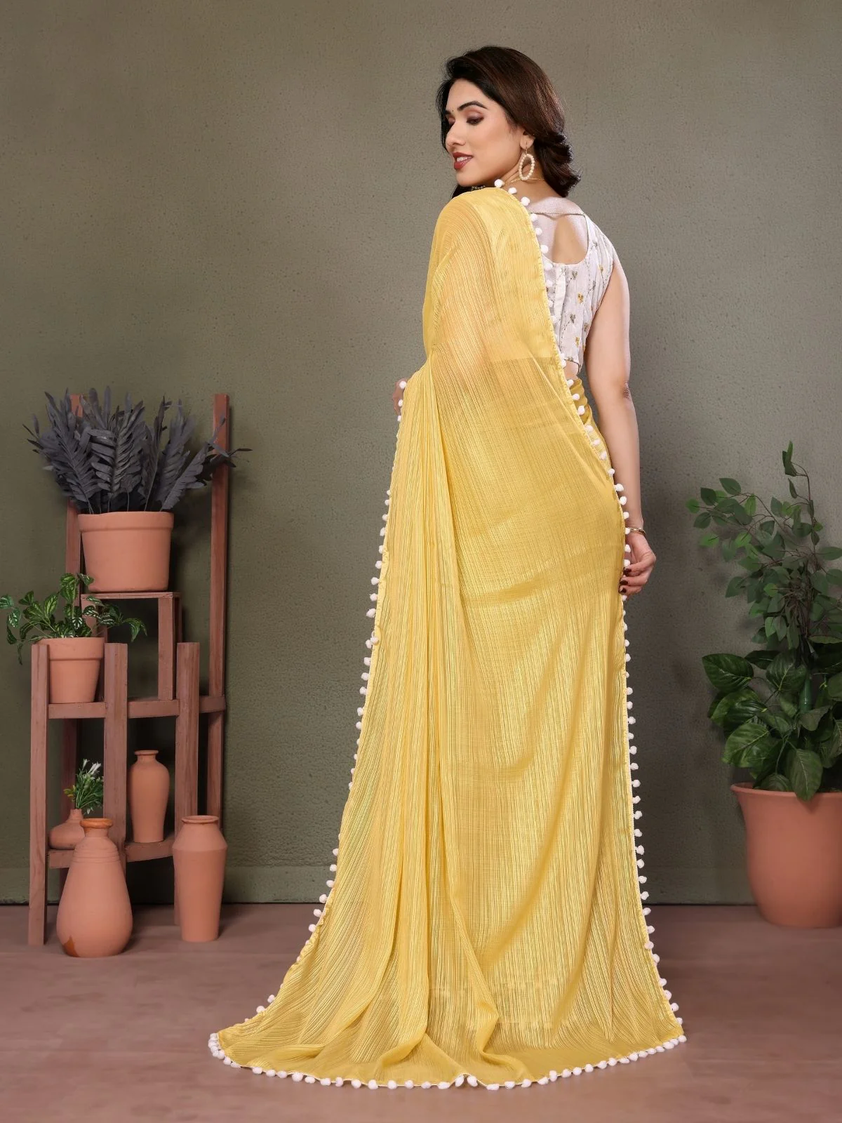 Odette Yellow Banglori Lace Work Saree With Unstitched Blouse For Women - Image 4
