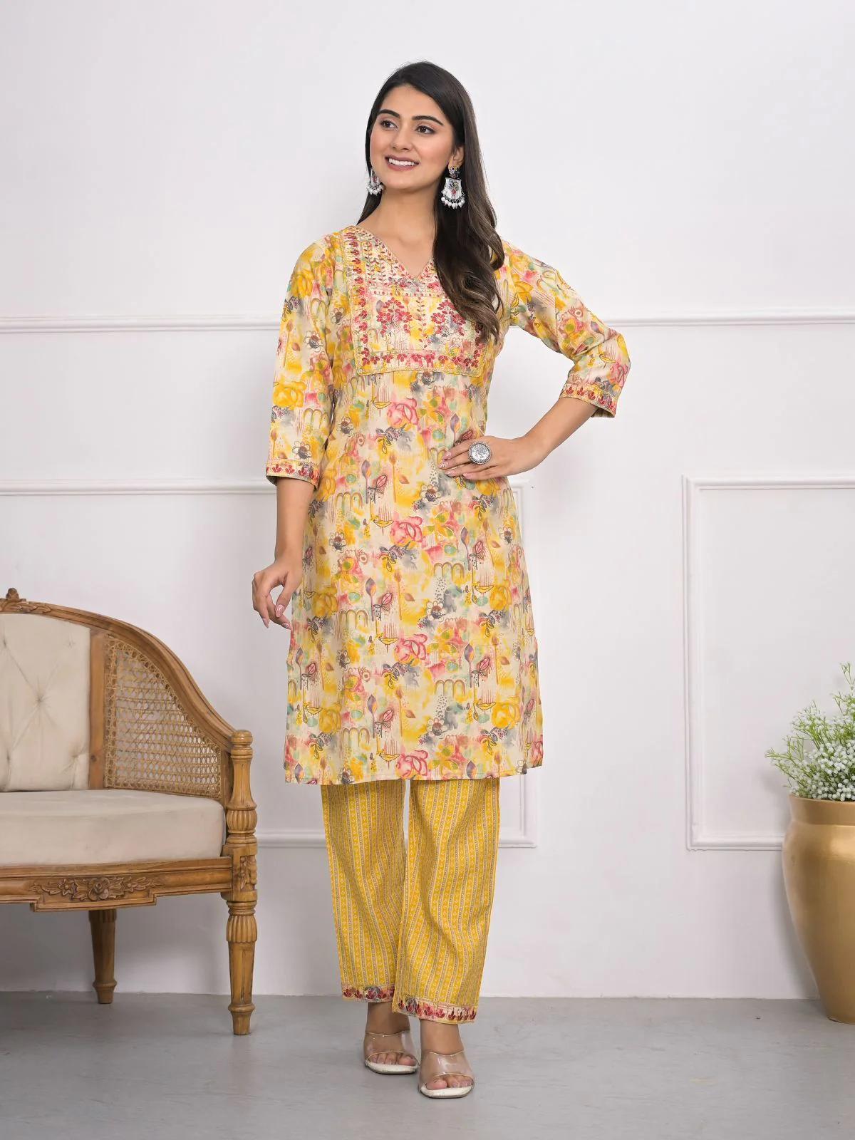 Odette Yellow Chanderi Embroidered And Printed Stitched Kurta Set Without Dupatta For Women - Image 2