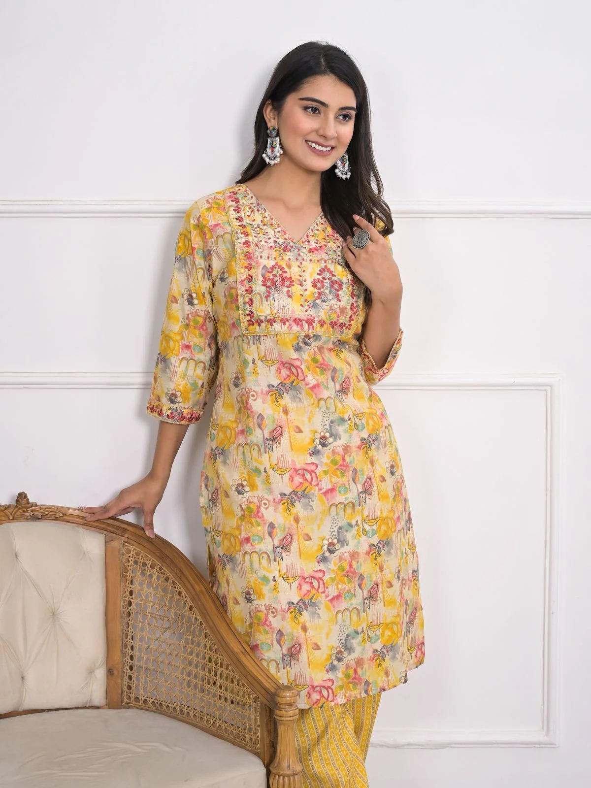 Odette Yellow Chanderi Embroidered And Printed Stitched Kurta Set Without Dupatta For Women - Image 3