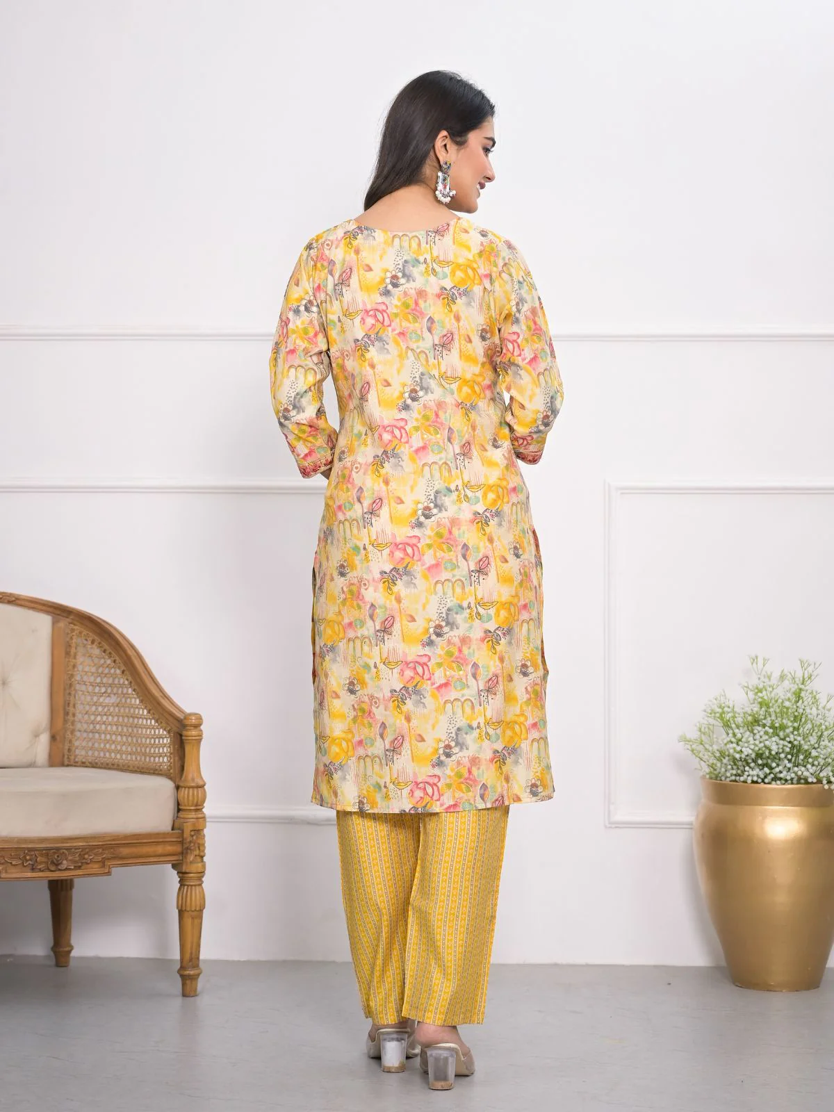 Odette Yellow Chanderi Embroidered And Printed Stitched Kurta Set Without Dupatta For Women - Image 4