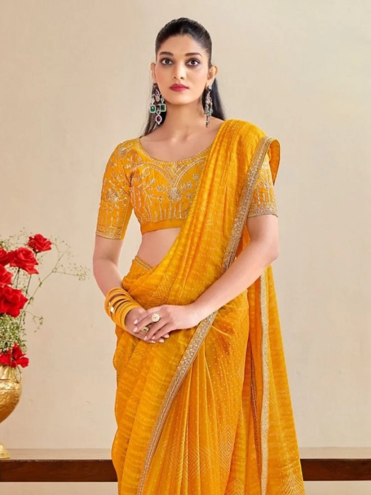 Odette Yellow Chiffon Embellished Saree For Women - Image 2