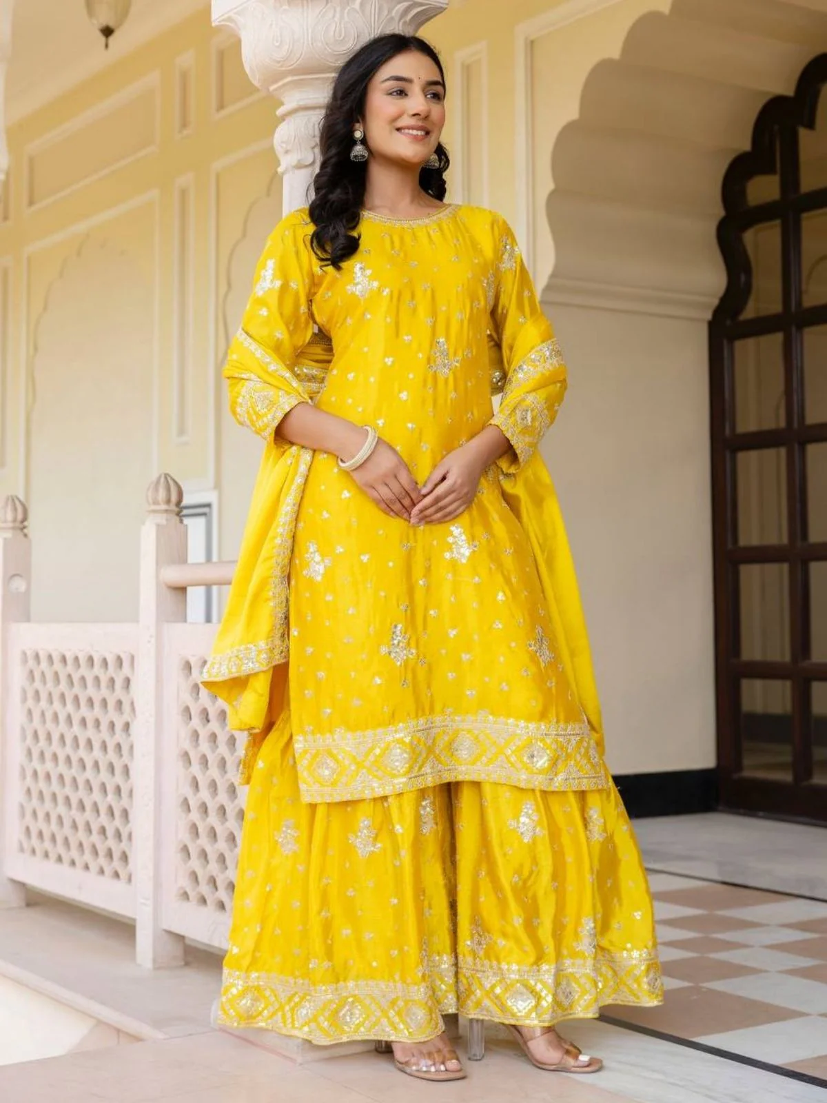 Odette Yellow Chiffon Embellished Stitched Kurta Set For Women - Image 2