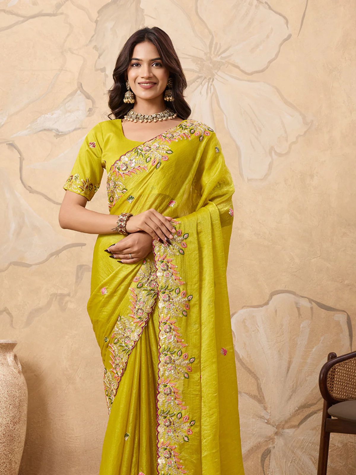 Odette Yellow Chiffon Embroidered Saree For Women - Image 4