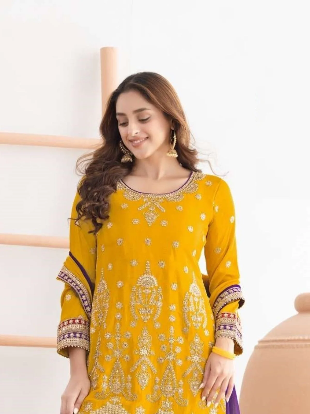 Odette Yellow Chinon Embellished Semi Stitched Kurta Set For Women - Image 2