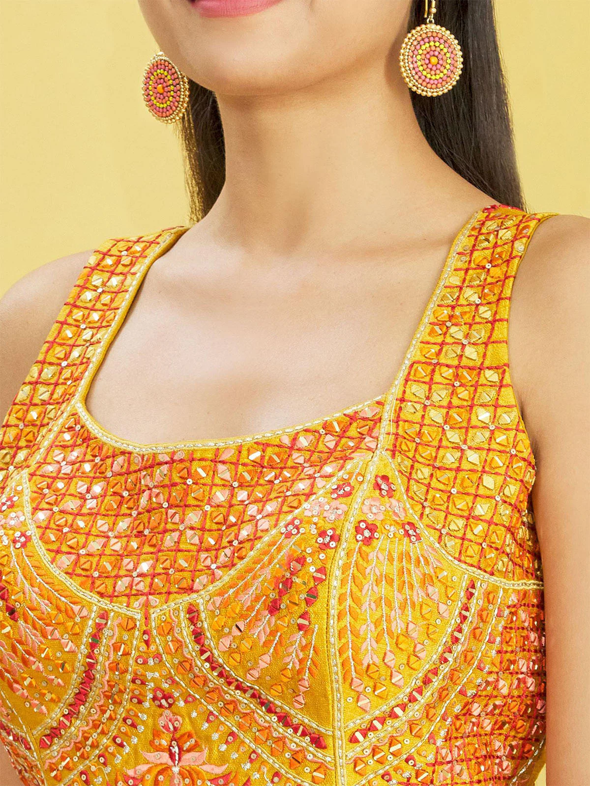 Odette Yellow Chinon Embellished Semi Stitched Lehenga With Unstitched Blouse For Women - Image 5