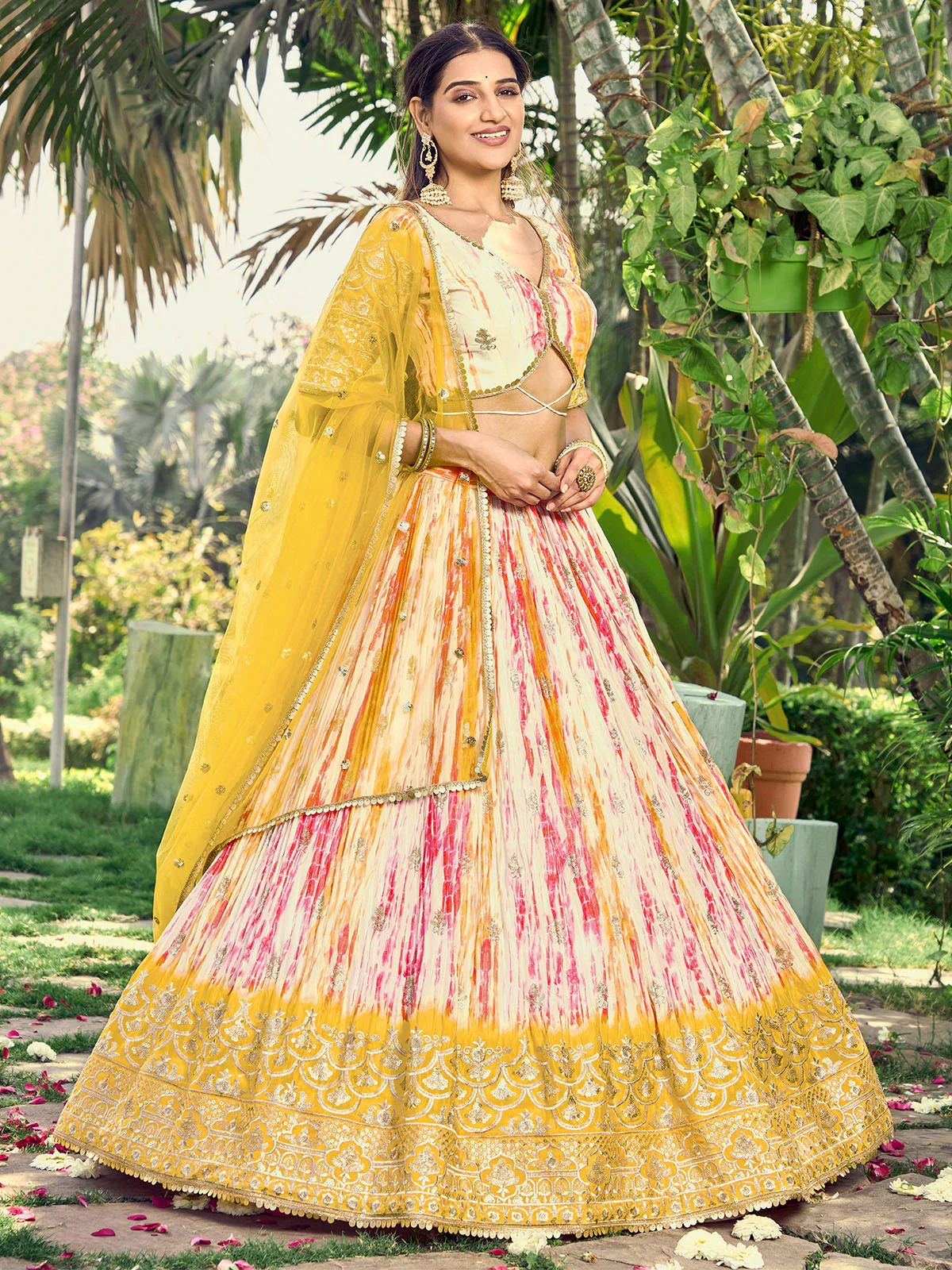 Odette Yellow Chinon Embellished Semi Stitched Lehenga With Unstitched Blouse For Women - Image 2