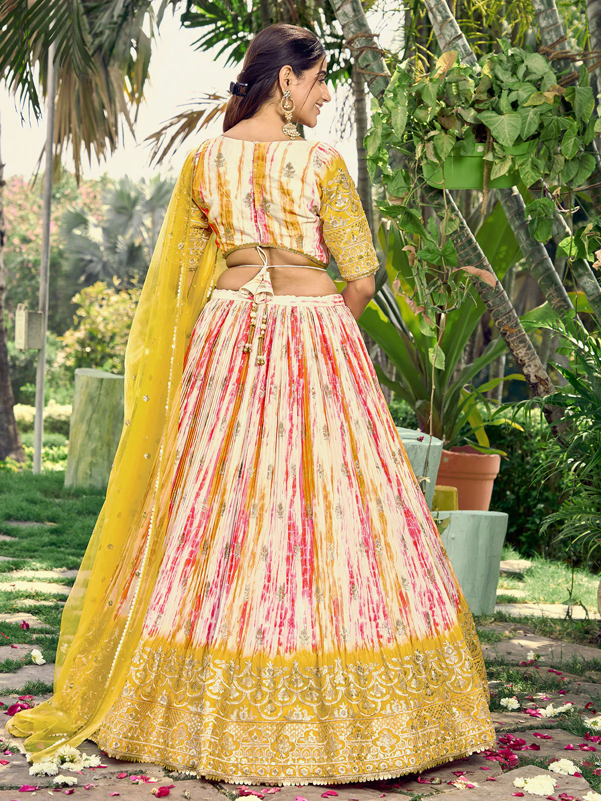 Odette Yellow Chinon Embellished Semi Stitched Lehenga With Unstitched Blouse For Women - Image 4