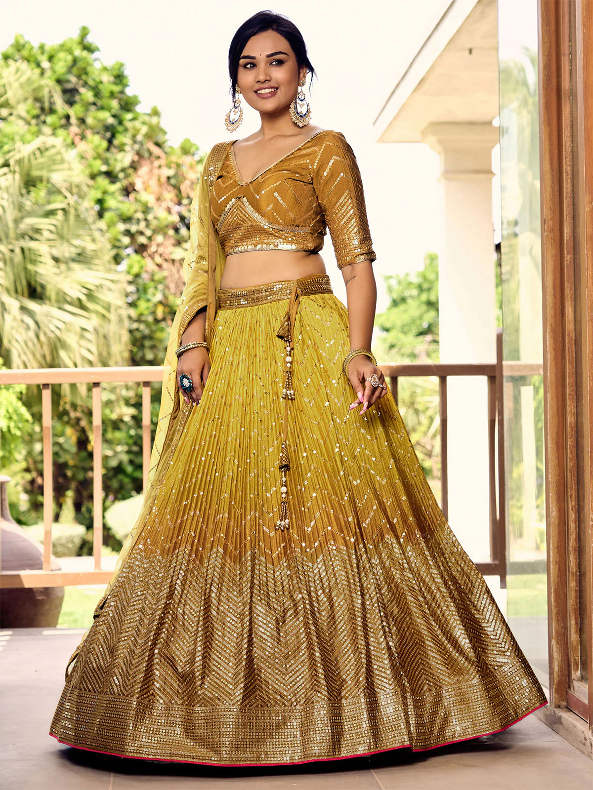 Odette Yellow Chinon Embellished Semi Stitched Lehenga With Unstitched Blouse For Women - Image 2
