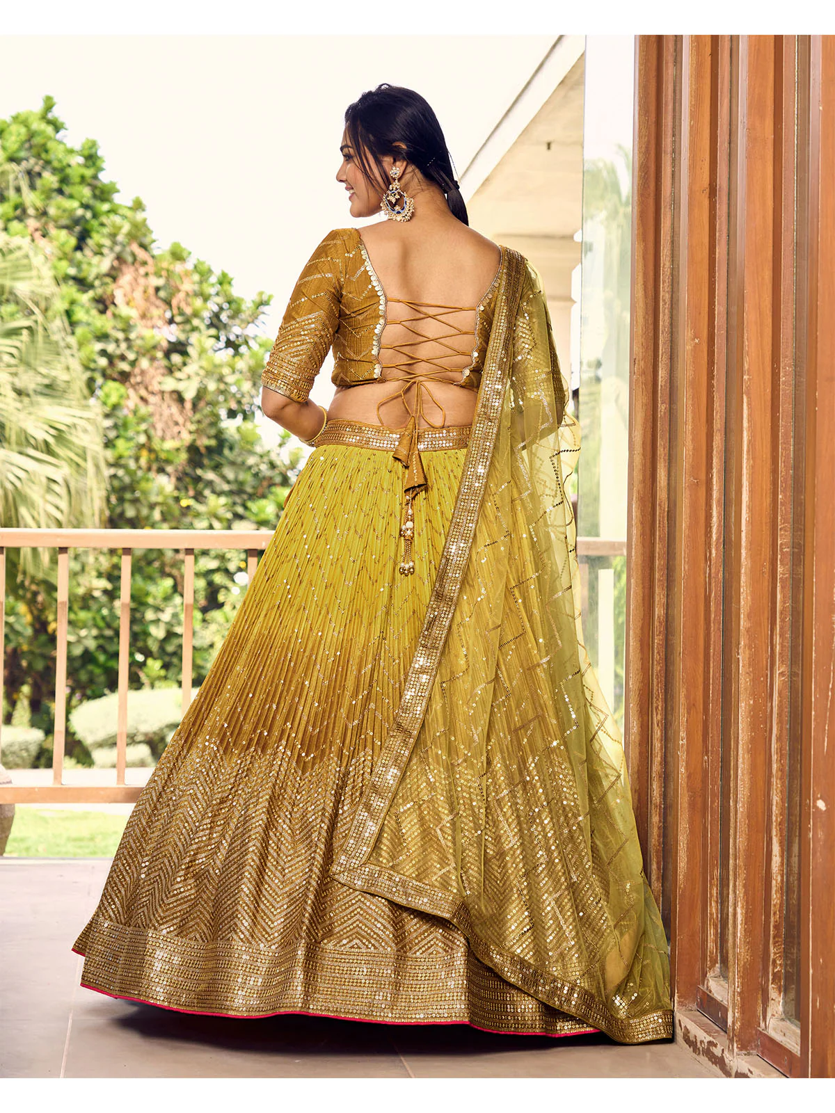 Odette Yellow Chinon Embellished Semi Stitched Lehenga With Unstitched Blouse For Women - Image 3