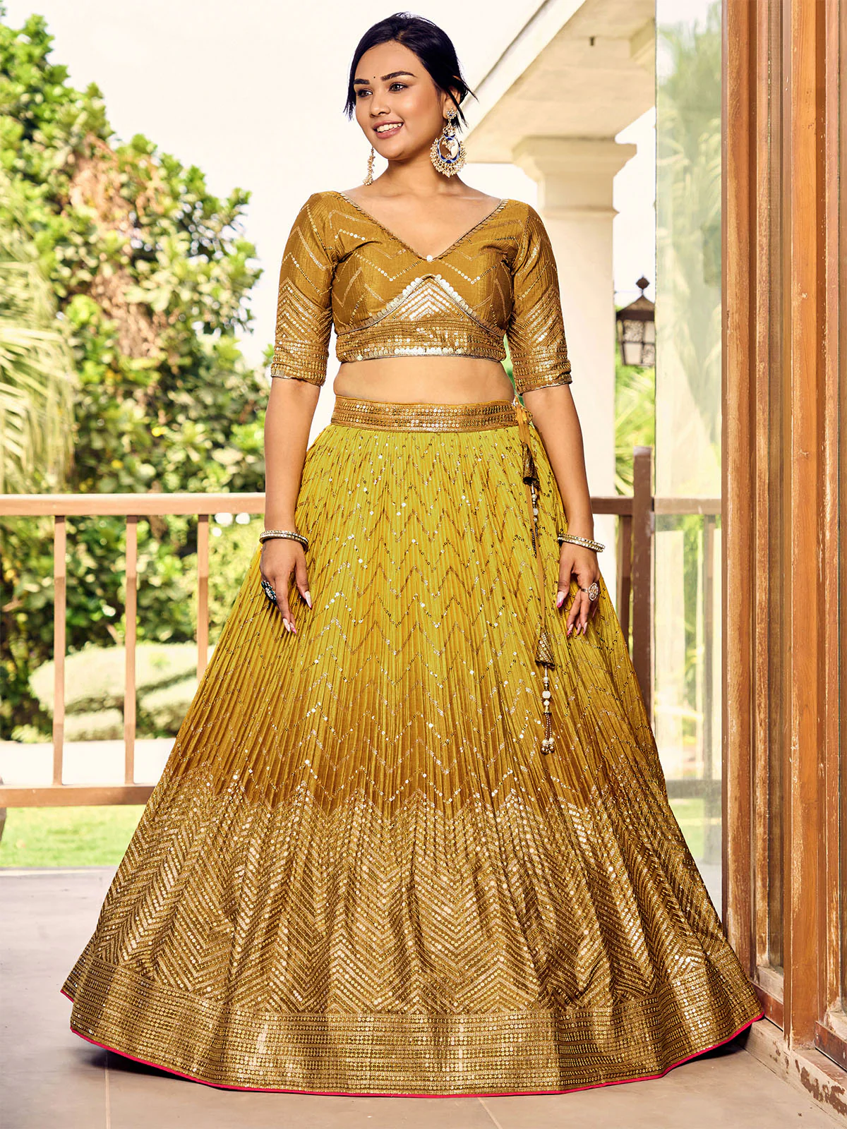 Odette Yellow Chinon Embellished Semi Stitched Lehenga With Unstitched Blouse For Women - Image 4