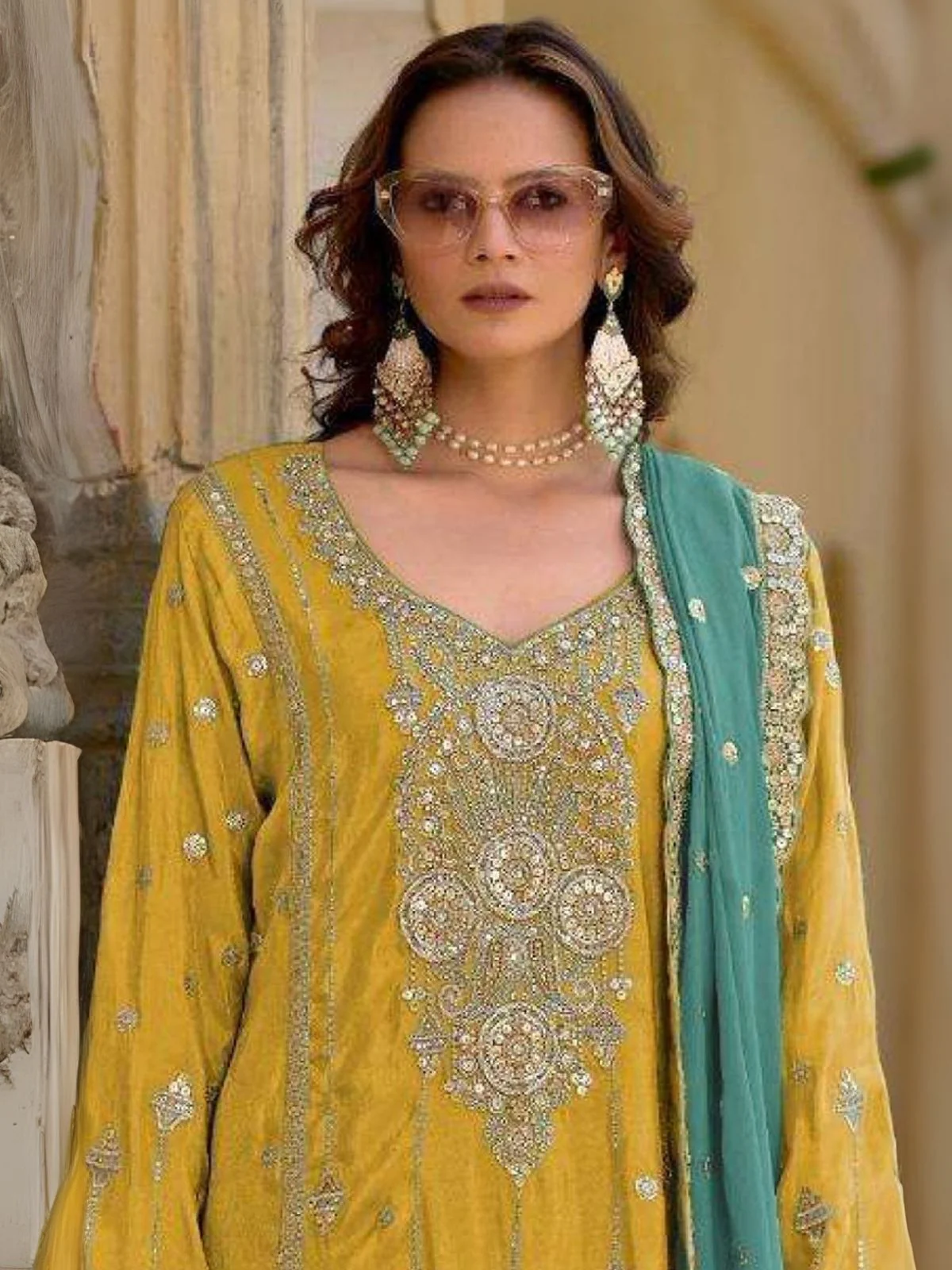 Odette Yellow Chinon Embroidered Semi-Sitched Kurta Set For Women - Image 2