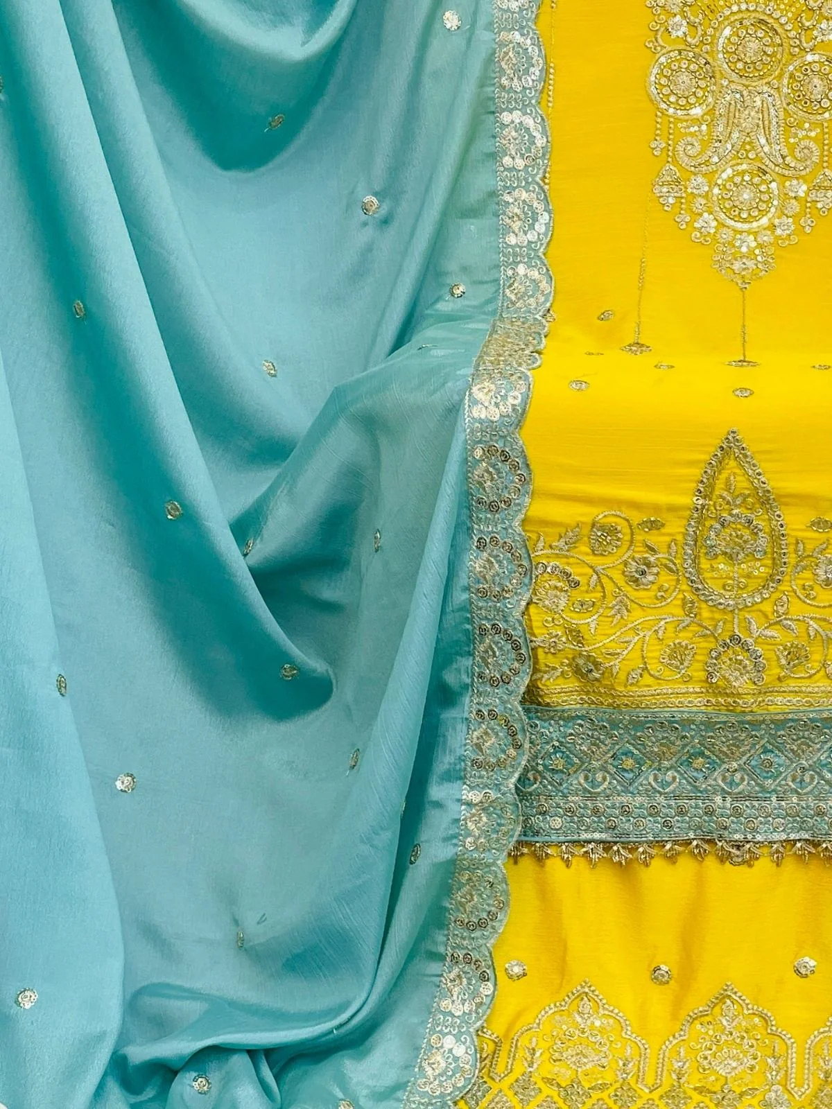 Odette Yellow Chinon Embroidered Semi-Sitched Kurta Set For Women - Image 3