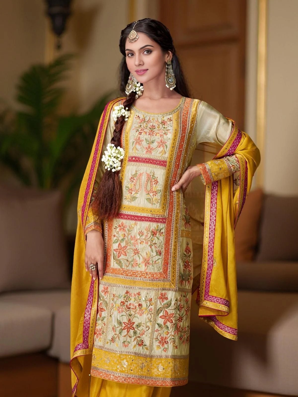Odette Yellow Chinon Embroidered Stitched Kurta Set For Women - Image 3
