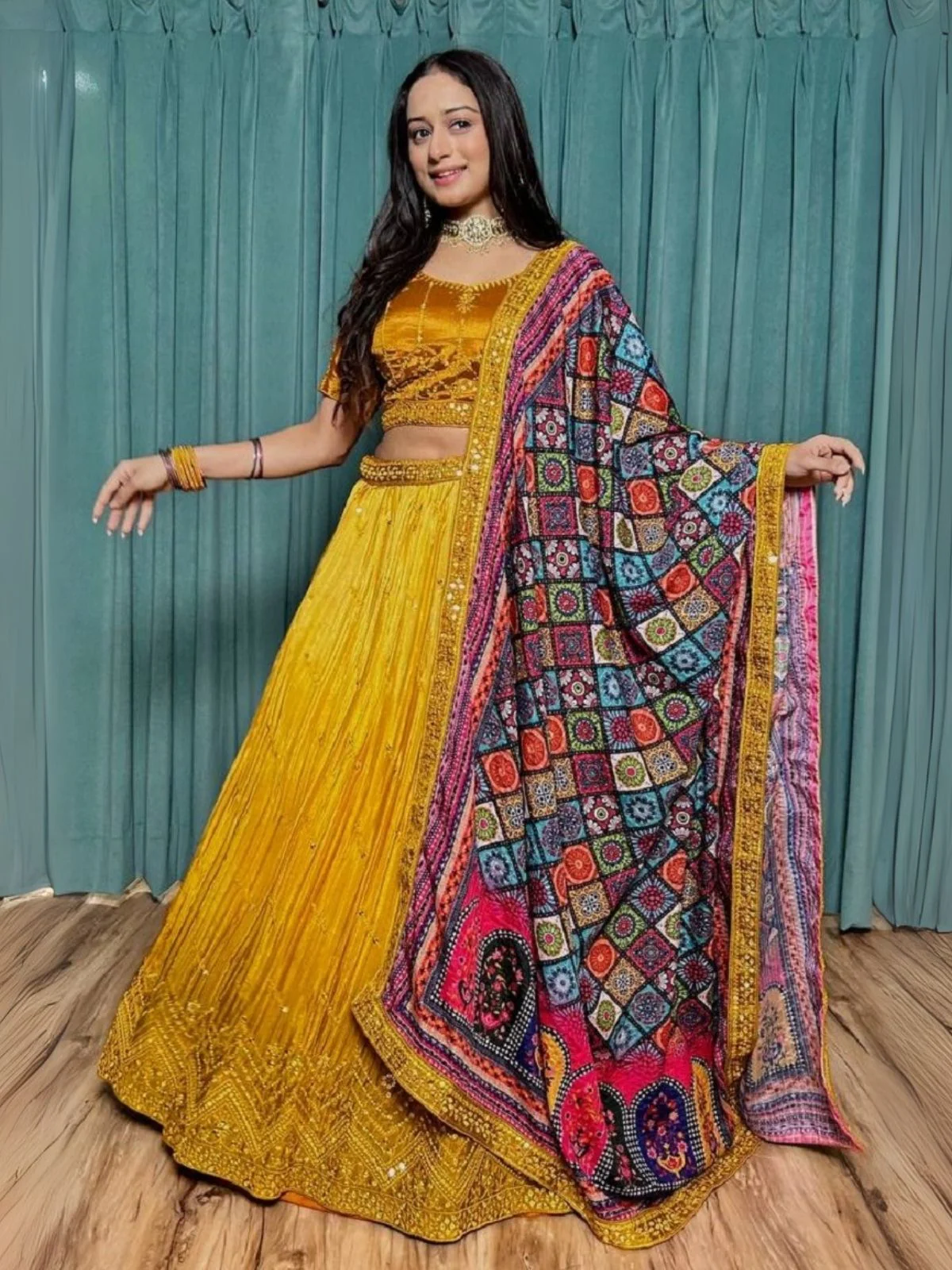 Odette Yellow Chinon Silk Embroidered Semi-Stitched Lehenga For Women - Image 7