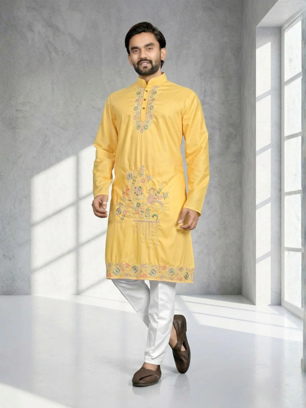 Odette Yellow Cotton Blend Embroidered Solid Kurta For Men - Image 2