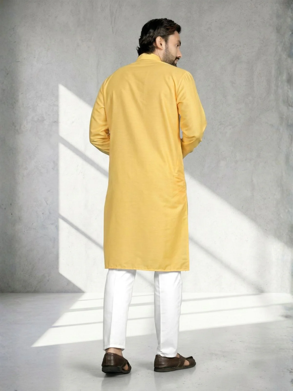 Odette Yellow Cotton Blend Embroidered Solid Kurta For Men - Image 3