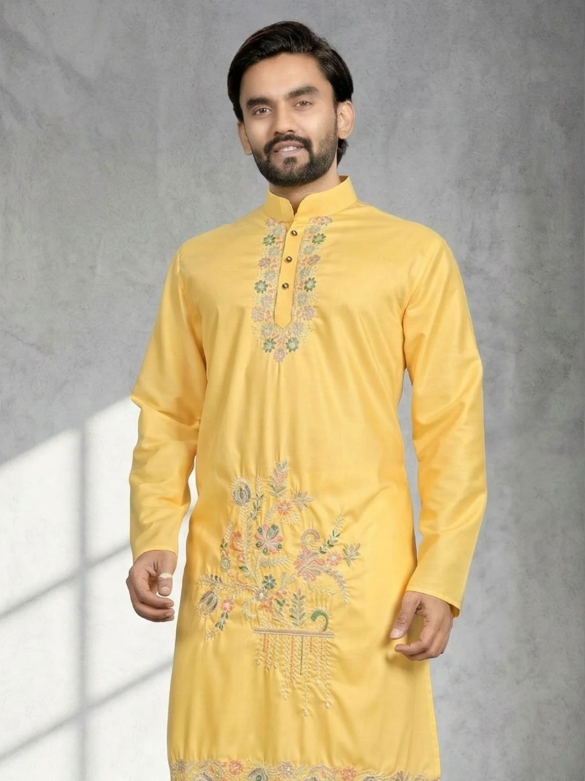 Odette Yellow Cotton Blend Embroidered Solid Kurta For Men - Image 4