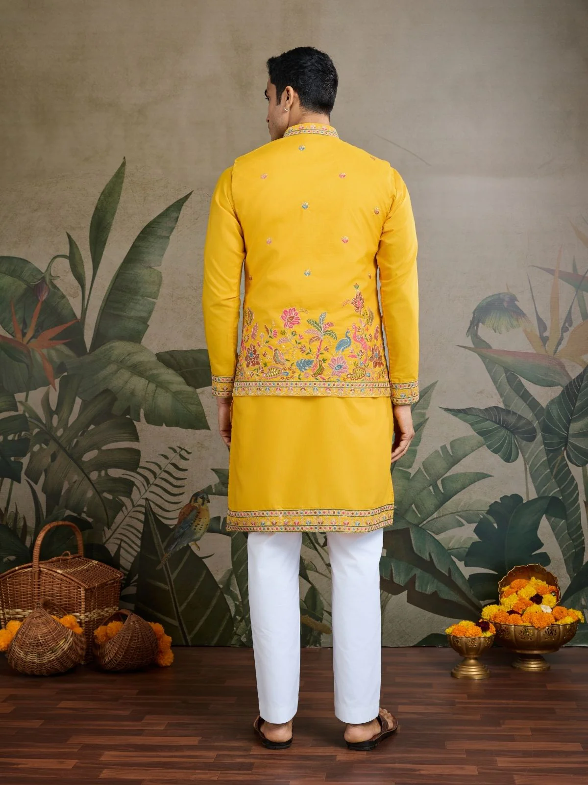Odette Yellow Cotton Blend Embroidered Stitched Kurta For Men - Image 5