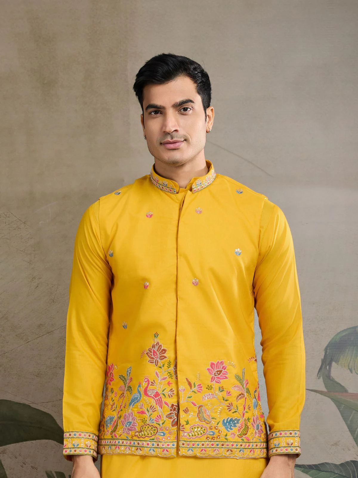 Odette Yellow Cotton Blend Embroidered Stitched Kurta For Men - Image 6