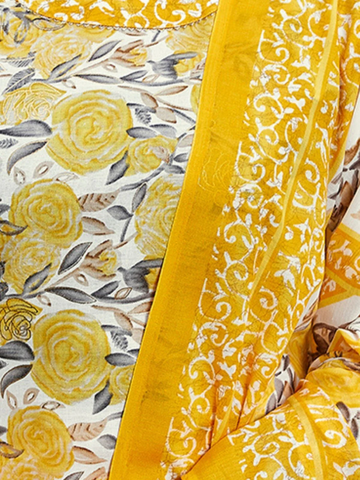 Odette Yellow Cotton Blend Printed Stiched Kurta Set For Women - Image 5