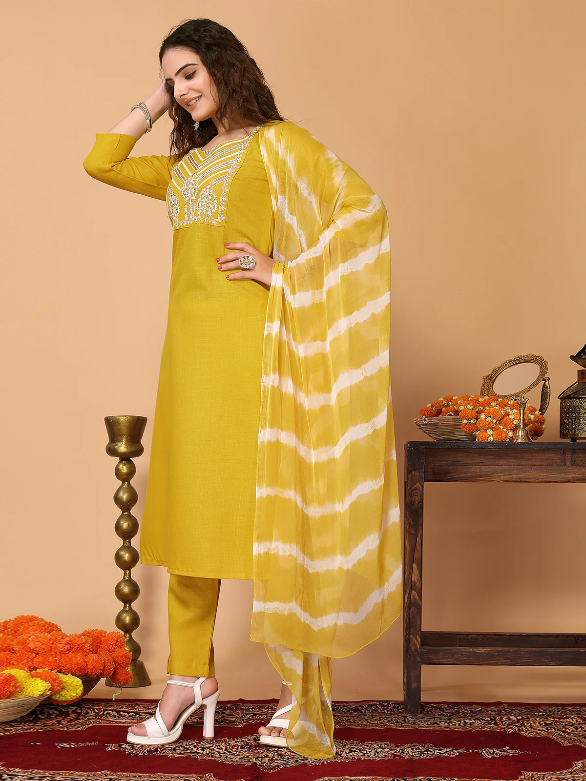 Odette Yellow Cotton Blend Embroidered Stitched Kurta set For Women - Image 2