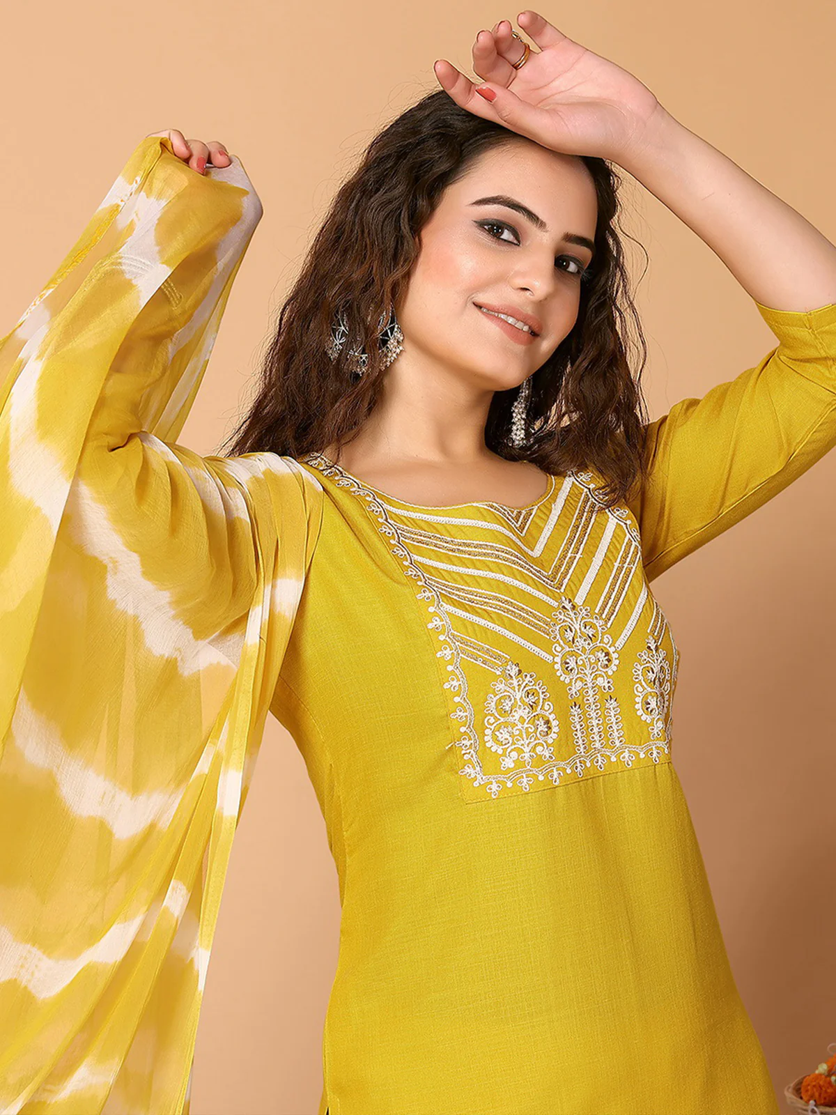 Odette Yellow Cotton Blend Embroidered Stitched Kurta set For Women - Image 4