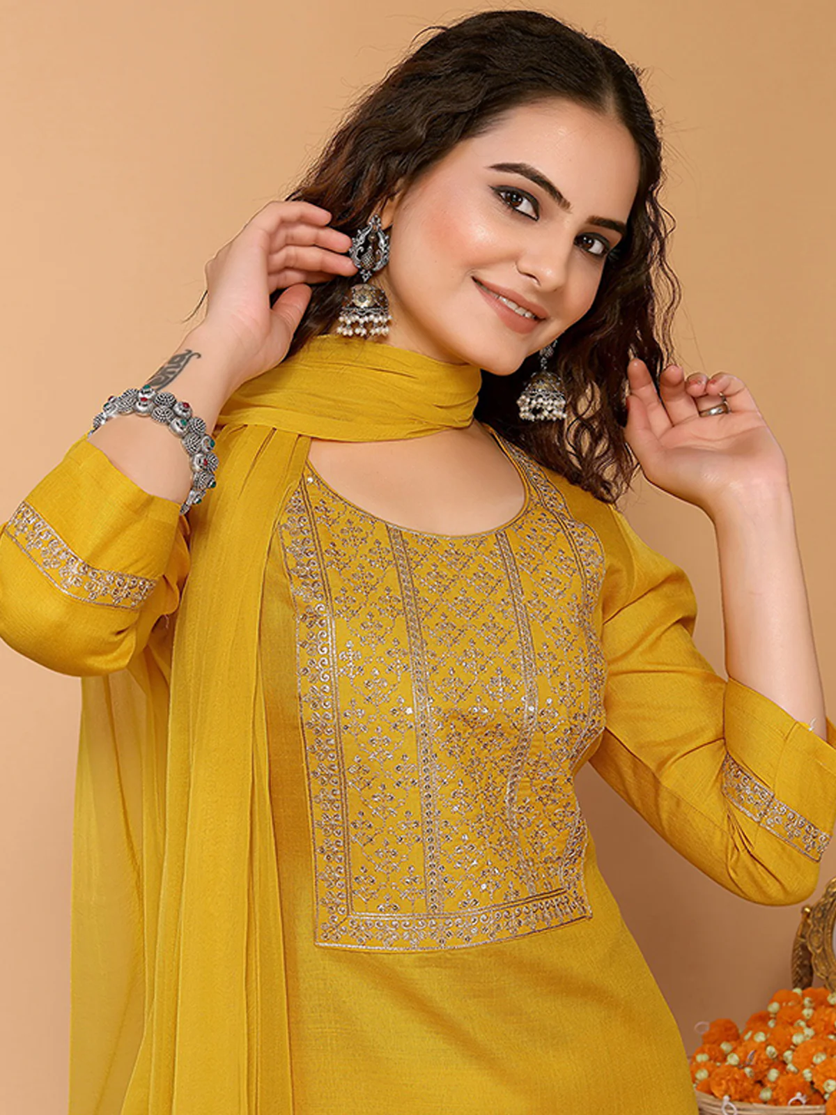 Odette Yellow Cotton Blend Embroidered Stitched Kurta set for Women - Image 4