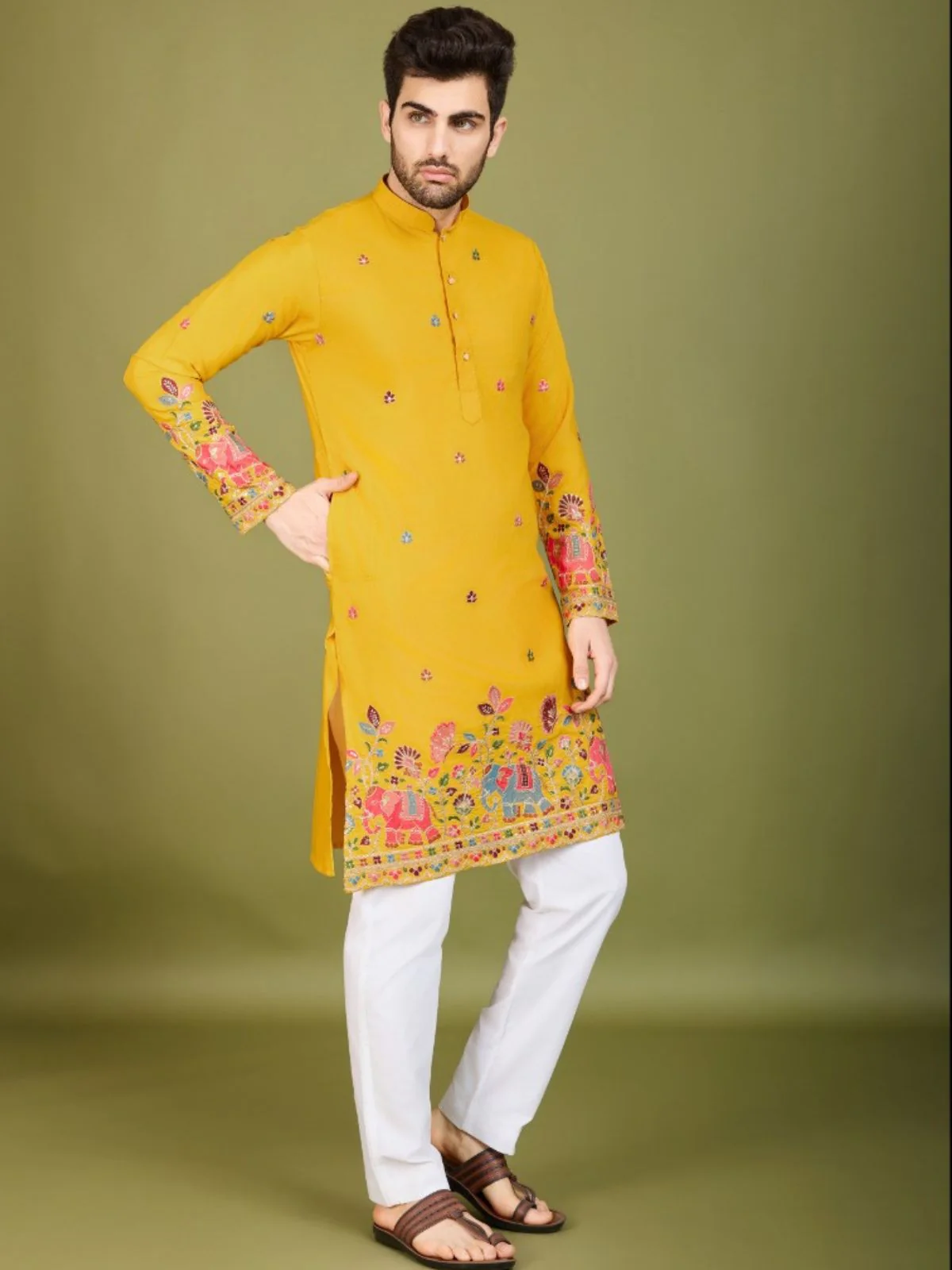 Odette Yellow Cotton Embroidered Stitched Kurta For Men - Image 2