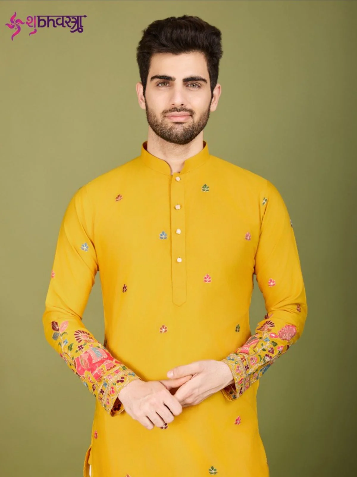 Odette Yellow Cotton Embroidered Stitched Kurta For Men - Image 3
