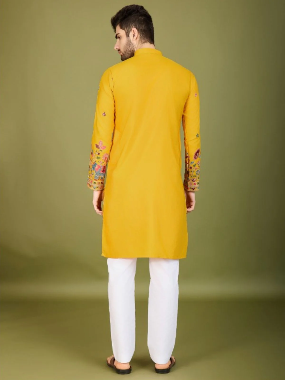 Odette Yellow Cotton Embroidered Stitched Kurta For Men - Image 4