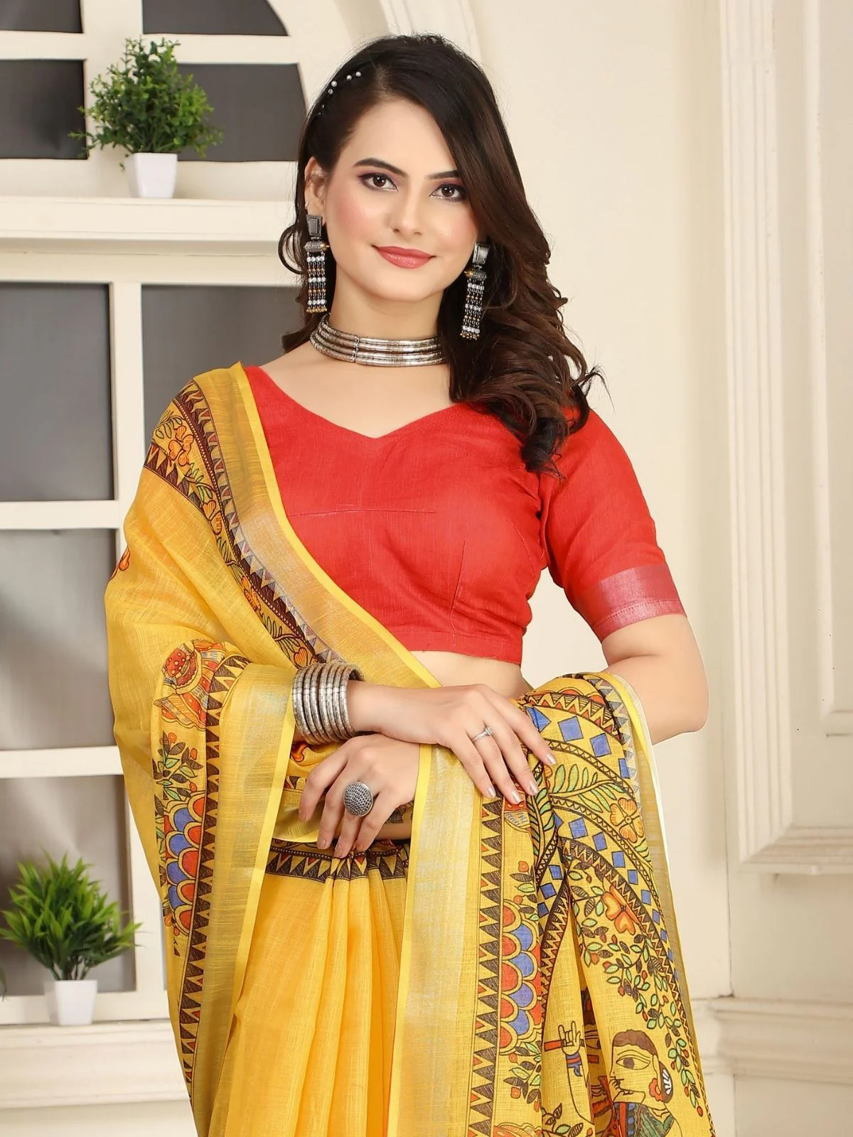 Odette Yellow Cotton Linen Solid Printed Saree For Women - Image 4