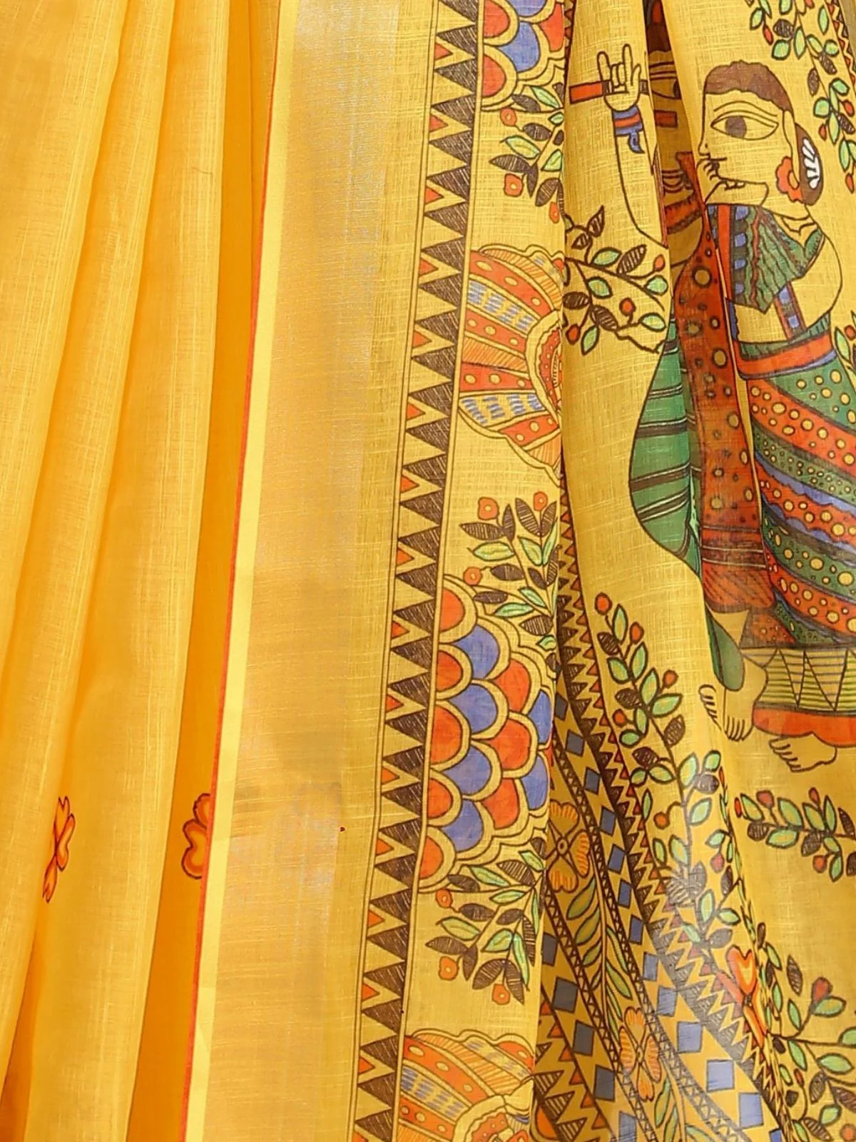 Odette Yellow Cotton Linen Solid Printed Saree For Women - Image 5