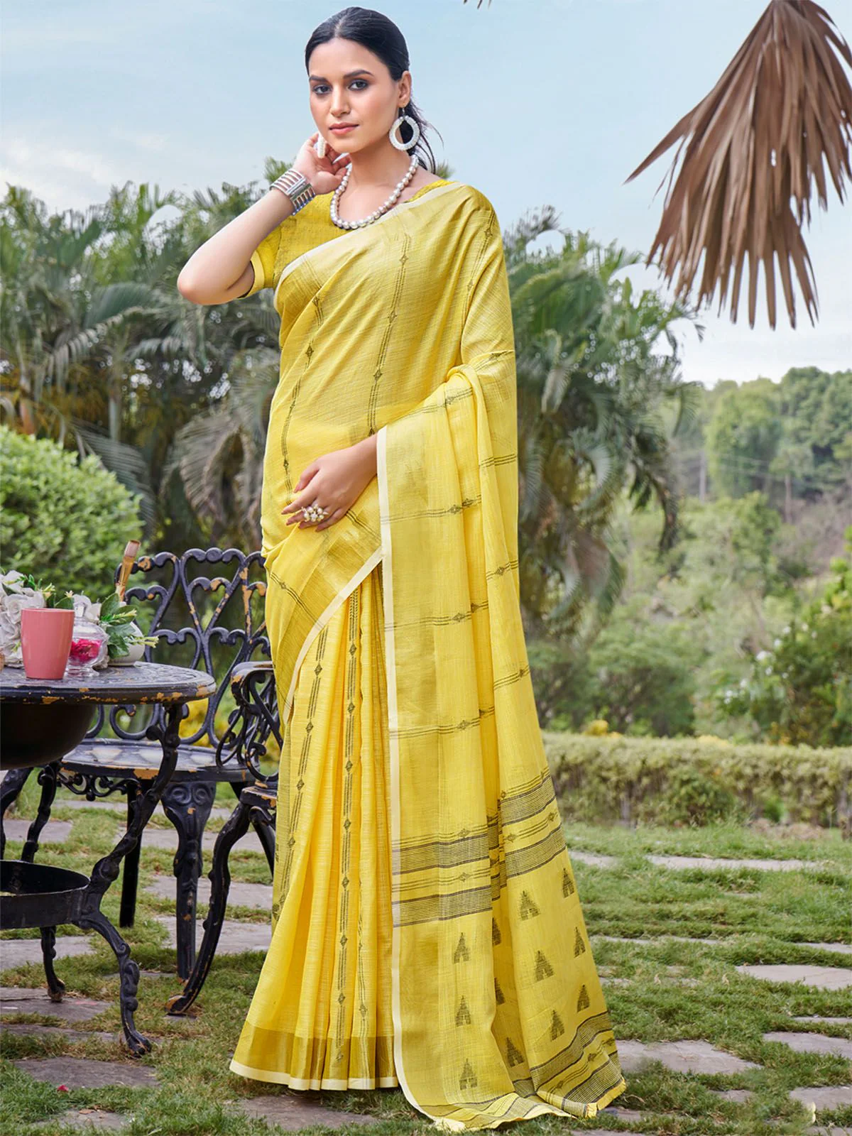 Odette Yellow Woven Saree With Unstitched Blouse For Women