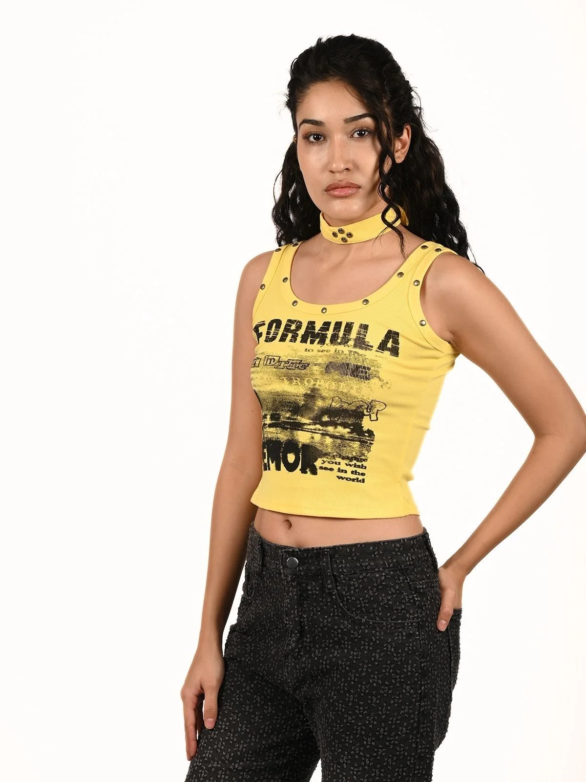 Odette Yellow Cotton Rib Printed Top For Women - Image 2