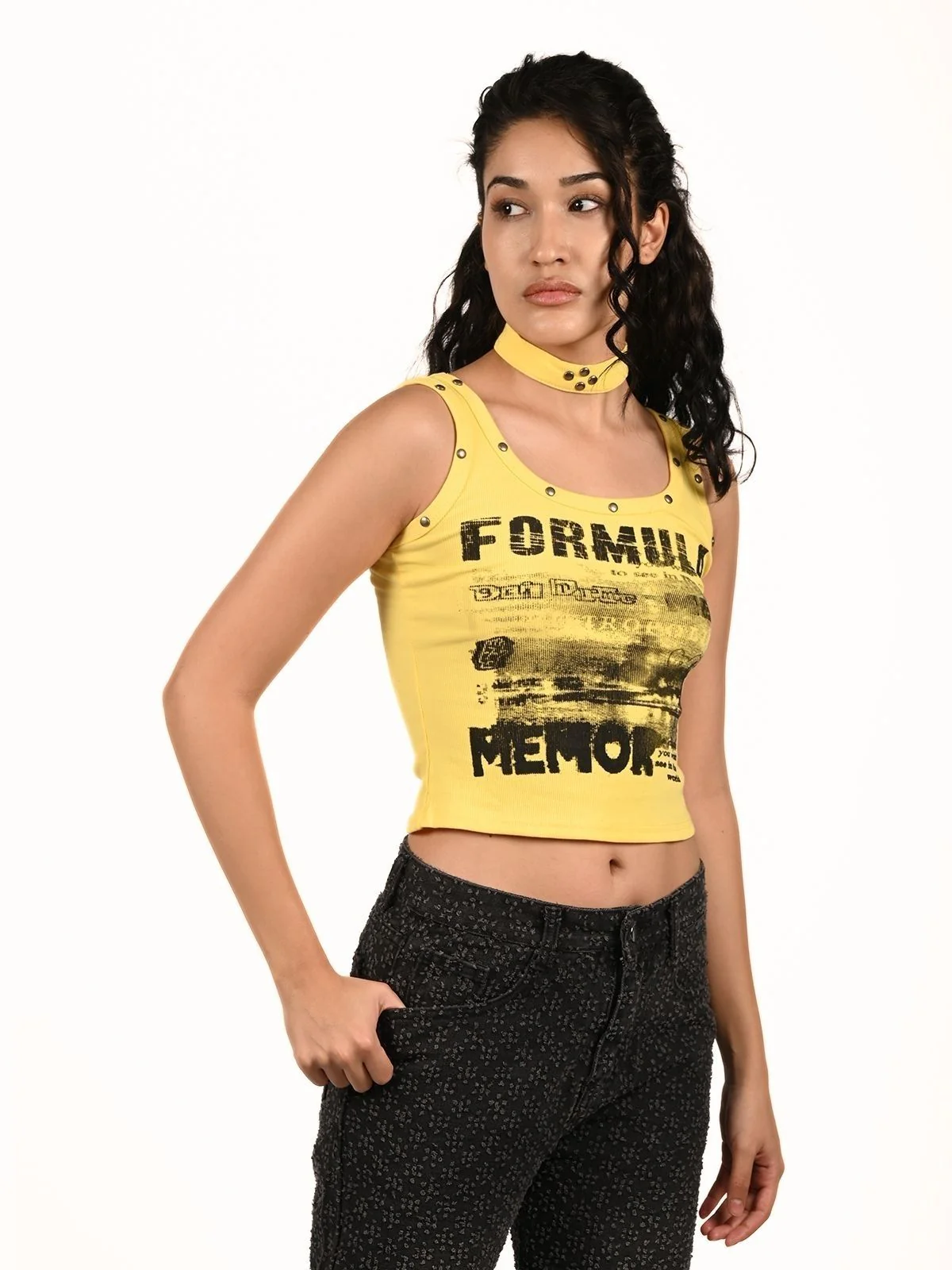 Odette Yellow Cotton Rib Printed Top For Women - Image 3