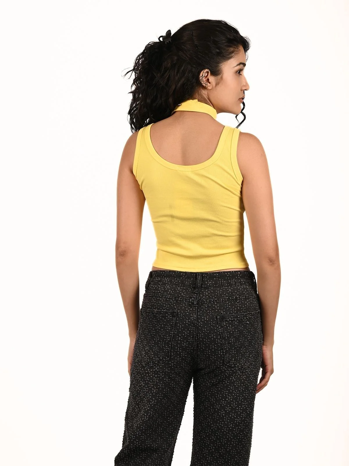 Odette Yellow Cotton Rib Printed Top For Women - Image 4