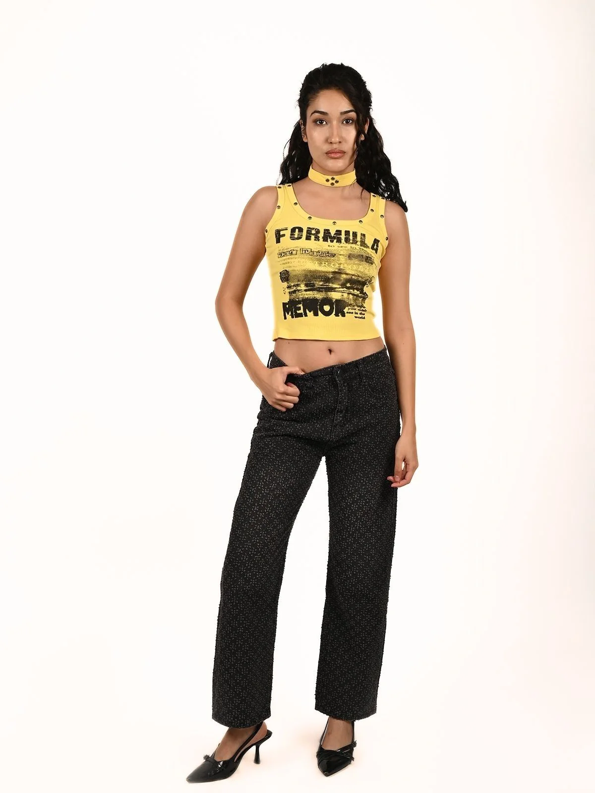 Odette Yellow Cotton Rib Printed Top For Women - Image 5