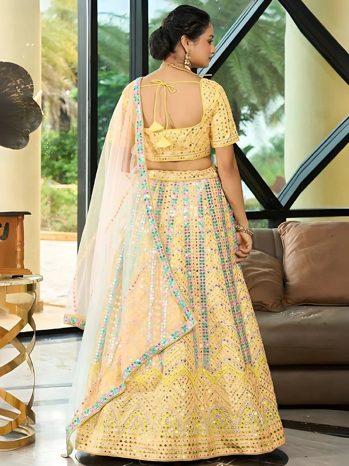 Odette Yellow Dola Silk Embellished Semi-Stitched Lehenga For Women - Image 2
